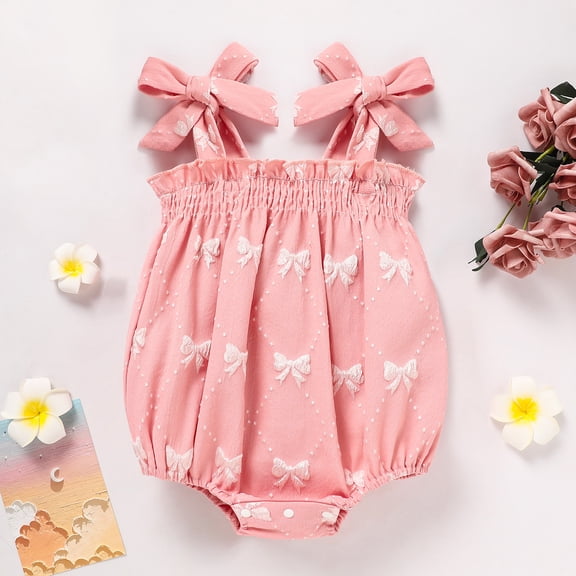 ZEHJUHAN Baby Girl's Sleeveless Ruffle Print Bow Strap Romper, Lace Trim Jumpsuit with Snap Closure Pink bow,0-3M
