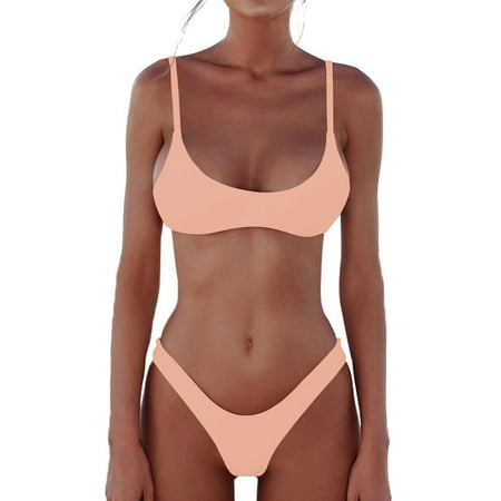 Baqcunre Bikini Sets for Women  Womens 2 Piece Brazilian Thong Bikini Sets High Cut Swimsuits Padded Neck Top Bathing Suits Swimwear Bikini  Women s Swimwear One Set Rose Gold 2XL