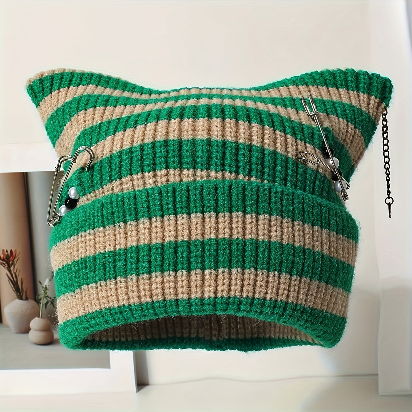 Women'S Stretchy Beanie Hat - Mint Green & Beige Striped Winter Ear Warmer with Metallic Chain-like Pins, Breathable Beanie for Cold Weather, Everyday & Formal Outfits - Cute Ear Accessory