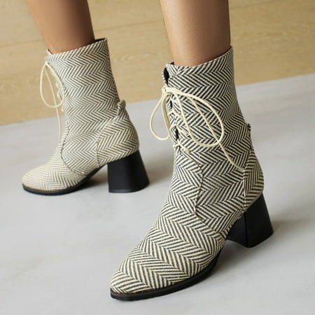 

Women Boots Winter Plain Short Mid Tube Cross Lacing Chunky High Heel Round Toe Boots