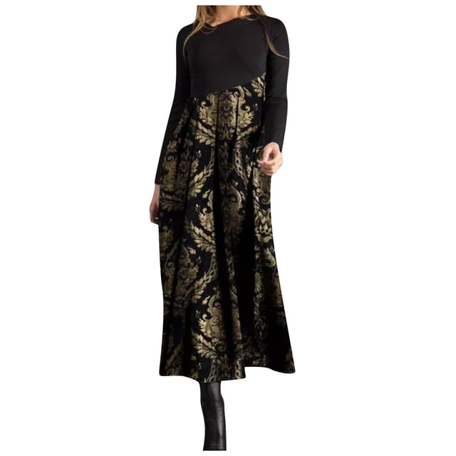 RKSTN Robes d'Automne pour Femmes 2023 Décontractées Ajustées à Manches Longues à Col en V Bohème Imprimées Robe Maxi Légère à Empiècements Robes Fluides