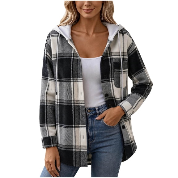 DeHolifer Women Shirt Flannel Hooded Shacket Plaid Jacket Button Oversized Casual Jacket Black L