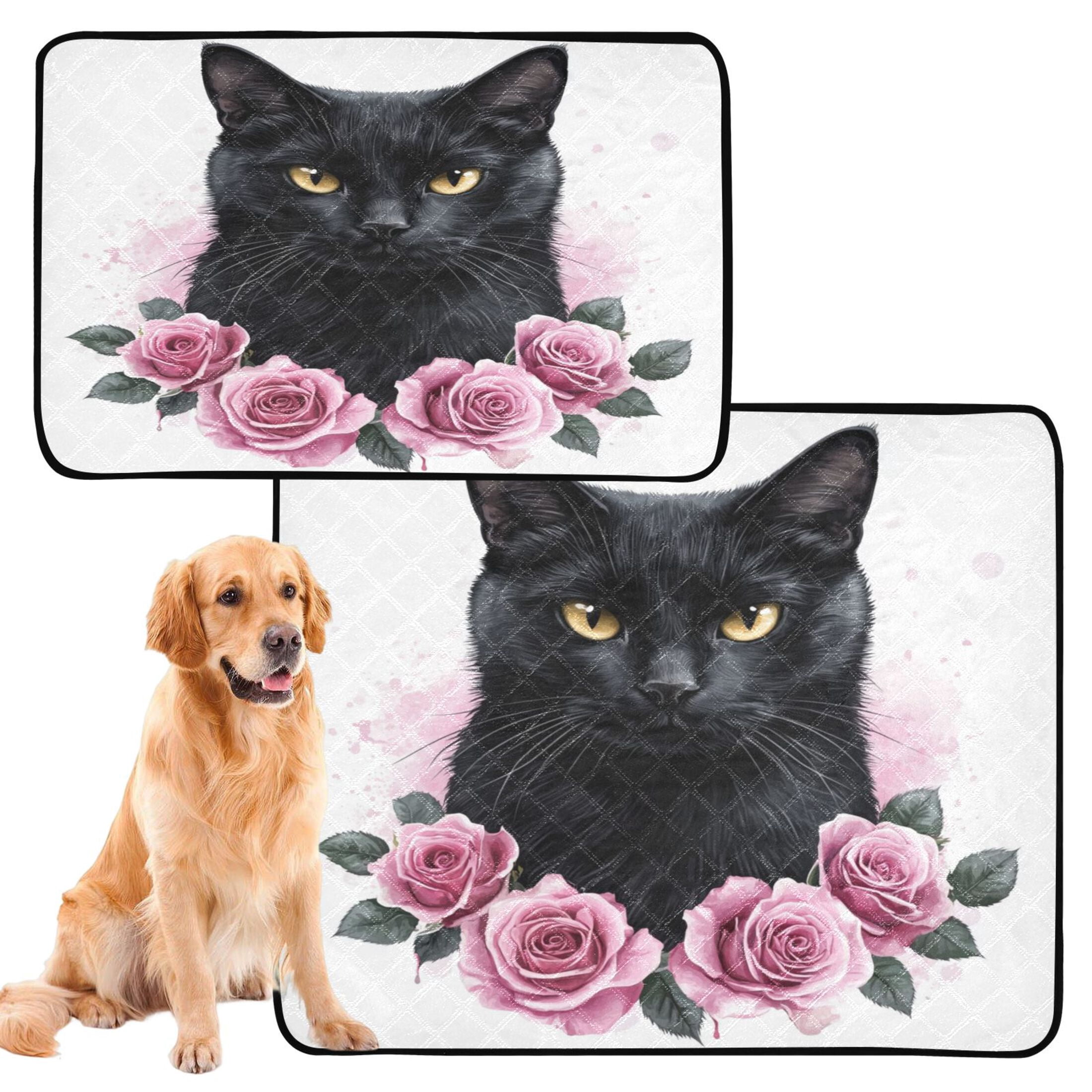 Qxltty Black Cat with Pink Roses Cat litter Pads Pet Set of 3 Diaper Mats Center Anti-leakage Layer Absorbent Soft and Comfortable