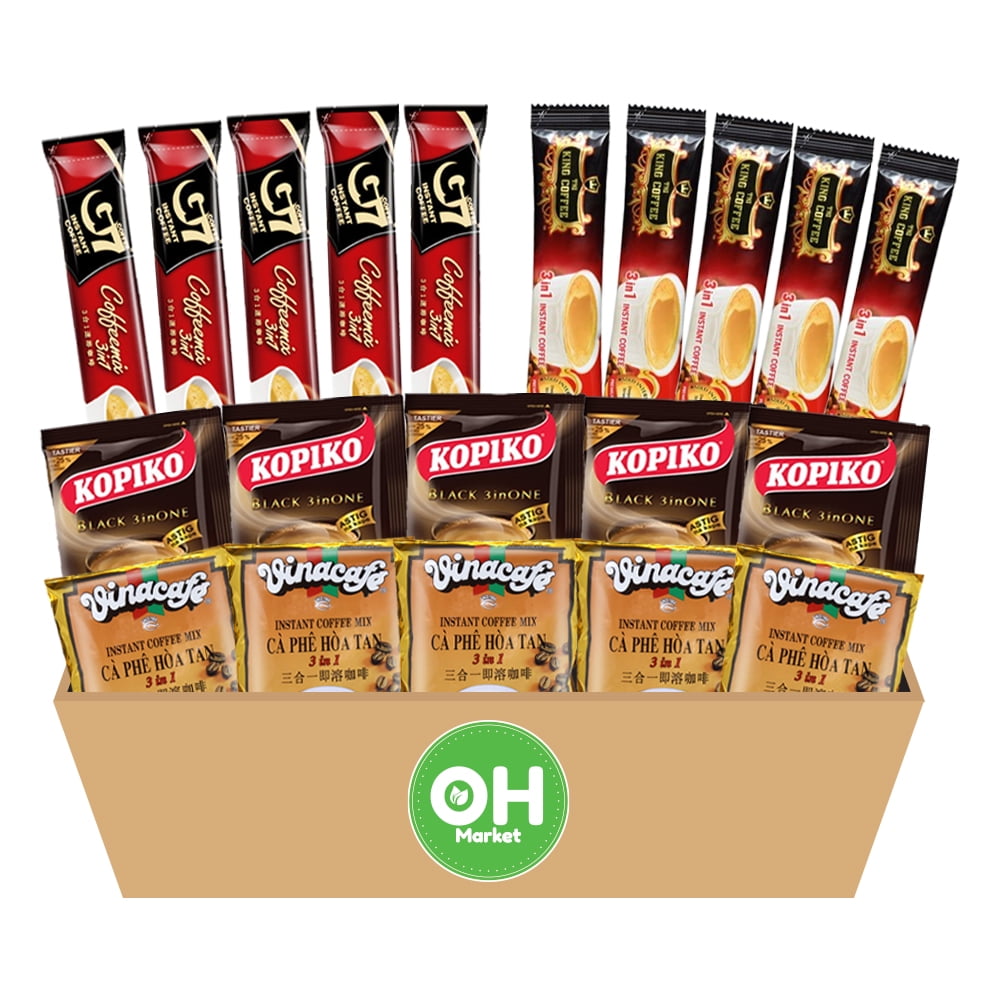 OHMARKET Asian Instant Coffee Mix Variety Sampler 20 Sticks of 4 Different Flavors Assortment (5 Pack of Each / TNI King Instant Coffe, G7 Instant Coffee, Kopiko Premium Coffee, Vinacafe Instant Coffe
