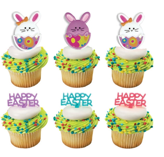 Puffy Buny Bunnies Easter Spring Pastel Colors -24pk Cupcake / Desert / Food Decoration Topper Picks with Favor Stickers & Sparkle Flakes