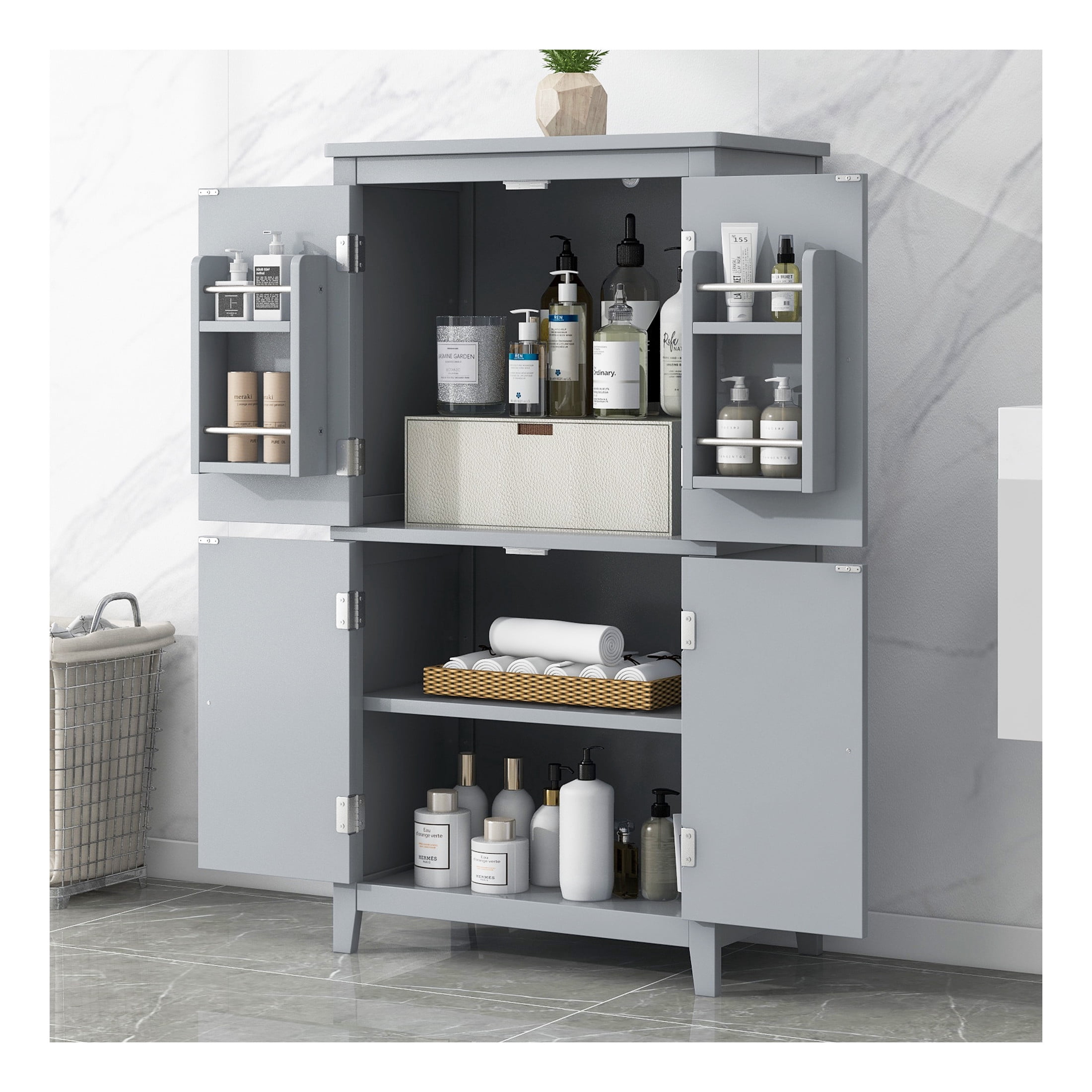 GDF Studio 23.6" Elegant Bathroom Floor Cabinet with 4 Doors, Storage Organizer, Adjustable Shelf, Gray