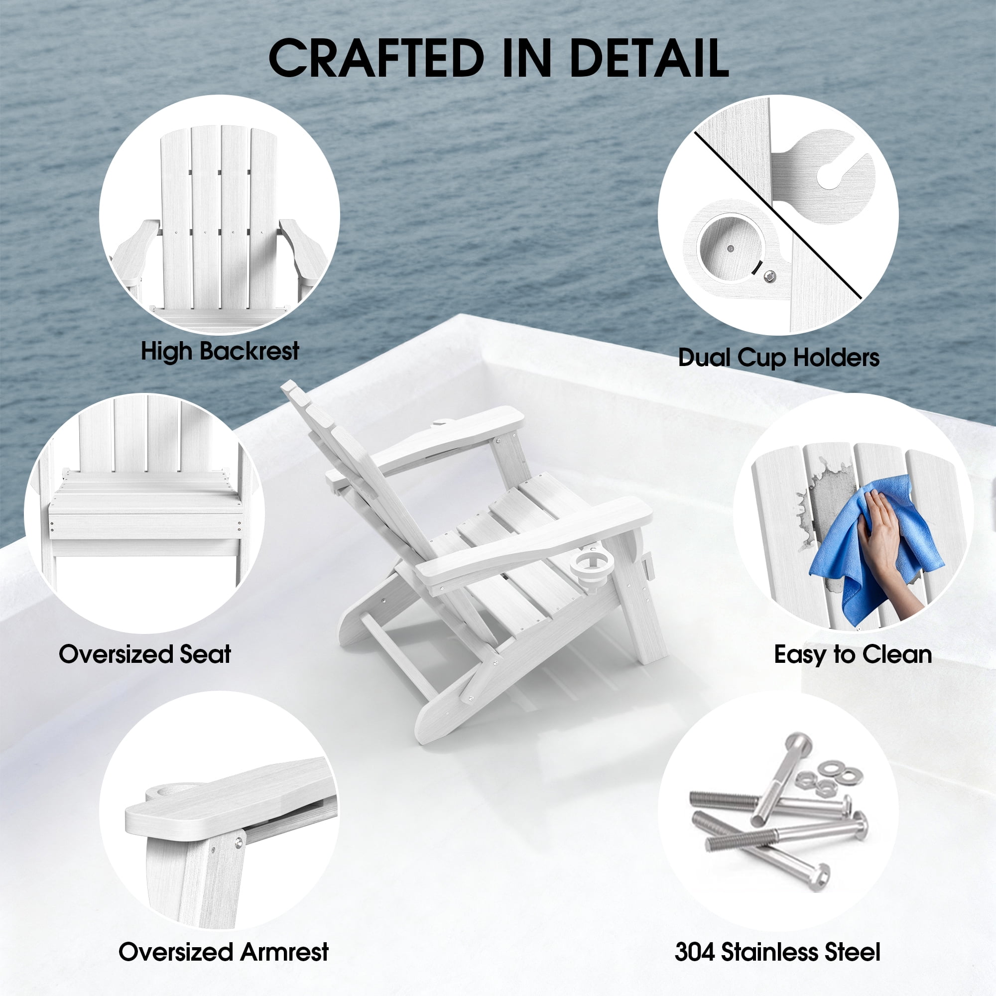 SUUNYN Folding Adirondack Chair Set of 2, HDPE Fire Pit Chairs, White
