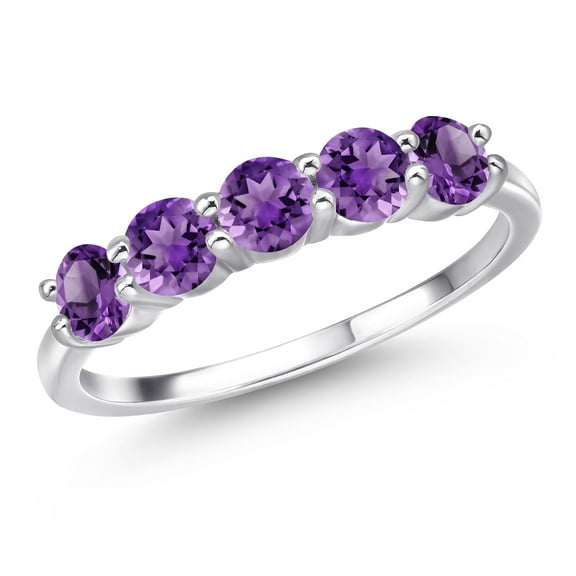 Gem Stone King 925 Sterling Silver Purple Amethyst 5-Stone Band Ring for Women (1.25 Cttw, Round 4MM, Gemstone Birthstone, Available in Size 5, 6, 7, 8, 9)