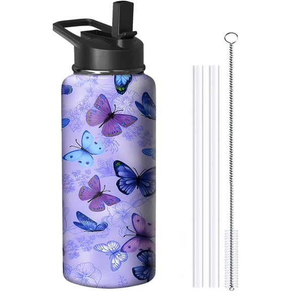 32oz Butterfly Water Bottle with Handle and Flip Straw, Floral Sports Stainless Steel Insulated Cup, Travel Coffee Mug Tumbler, Birthday Mothers Day Chritmas Gifts for Women Animal Lovers