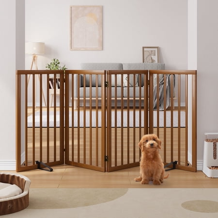 Smart FENDEE Bamboo Dog Gate Freestanding 4 Panel Pet Gate with 2 Support feet, 33" Tall, Walnut