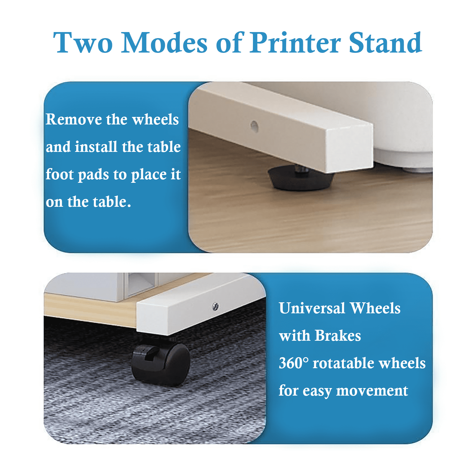 Petoto Printer Stand, 2 Tier Rolling Printer Cart with Wheels, Under Desk Printer Stand for Office, Home