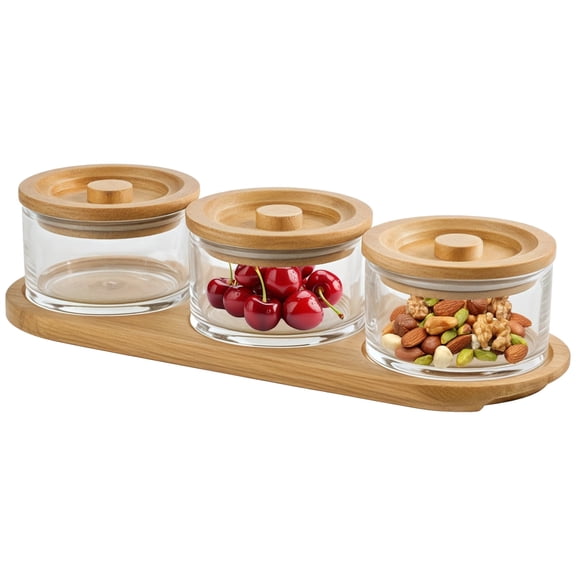 3-Compartment Glass Snack Tray with Wood Lid,Chip and Dip Bowl Set,Condiment Serving Platter with Utensil Rest,for Parties,Kitchen,Entertaining