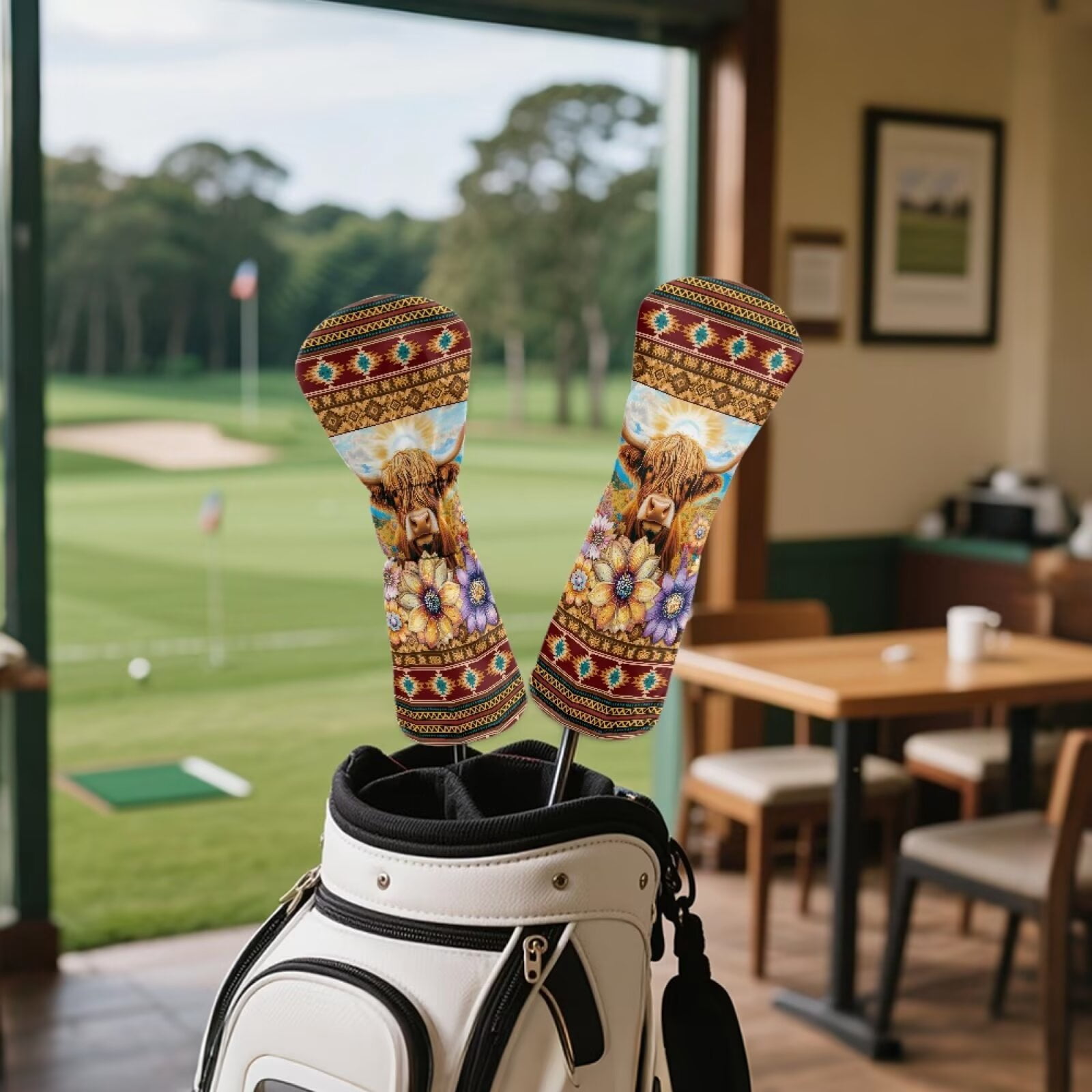 Uorisanigo Golf Headcovers Premium Leather Driver Cover Fariway Wood Headcover Hybrid Head Covers, Waterproof Elastic Ethnic Highland Cow Aztec Golf Club Head Covers Accessories, 3 Pcs