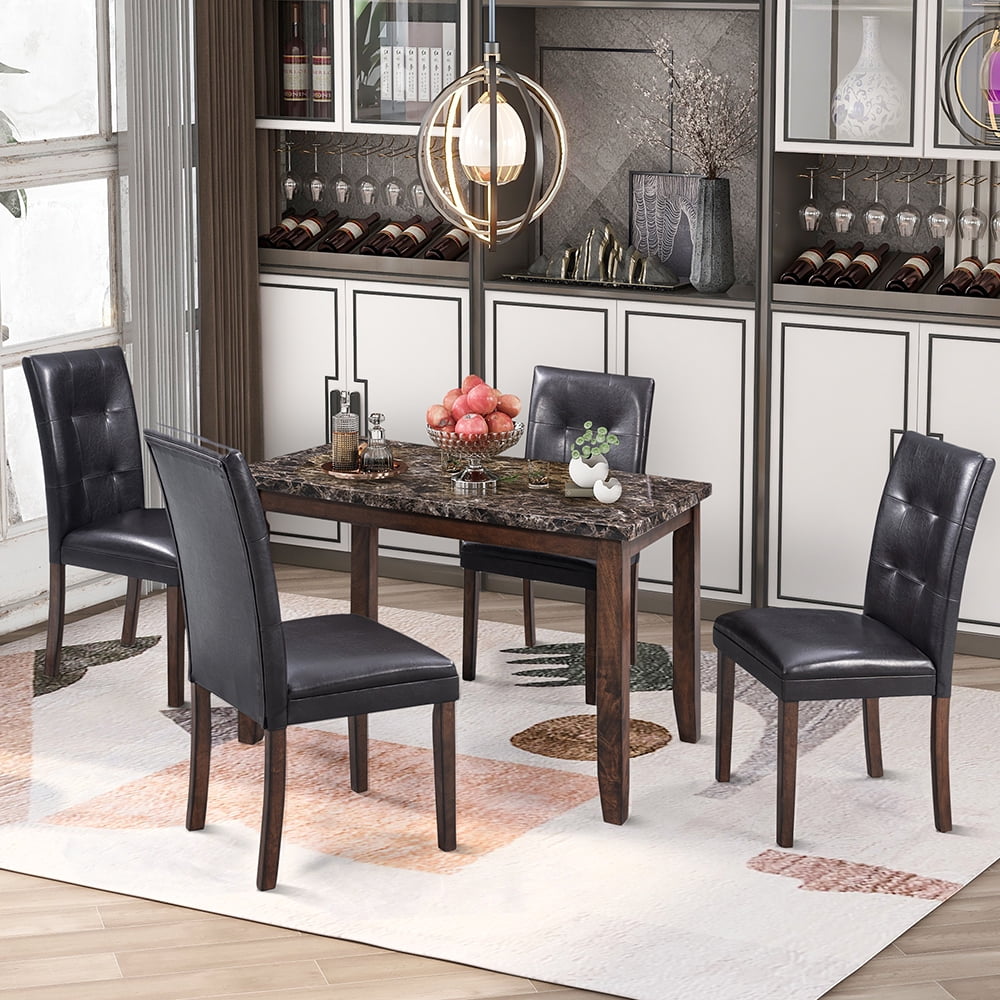 Kepooman 5-Piece Faux Marble Dining Table Set with 4 Thicken Cushion Chairs for Kitchen, Brown & Black Kepooman 5-Piece Faux Marble Dining Table Set with 4 Thicken Cushion Chairs for Kitchen, Brown & Black