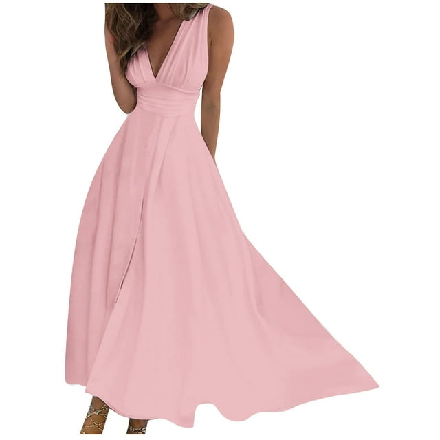 AherBiu Robe Longue Formelle pour Femmes Sans Manches à Col en V Plongeant Froncée Fluide pour Soirée, Fête, Cocktail