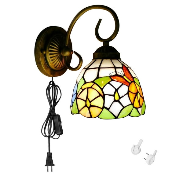 Kiven Plug in Wall Lamp, Tiffany Style Plug in Wall Sconce with Glass Lampshade, 5.9ft Plug-in Cord, E26 Socket