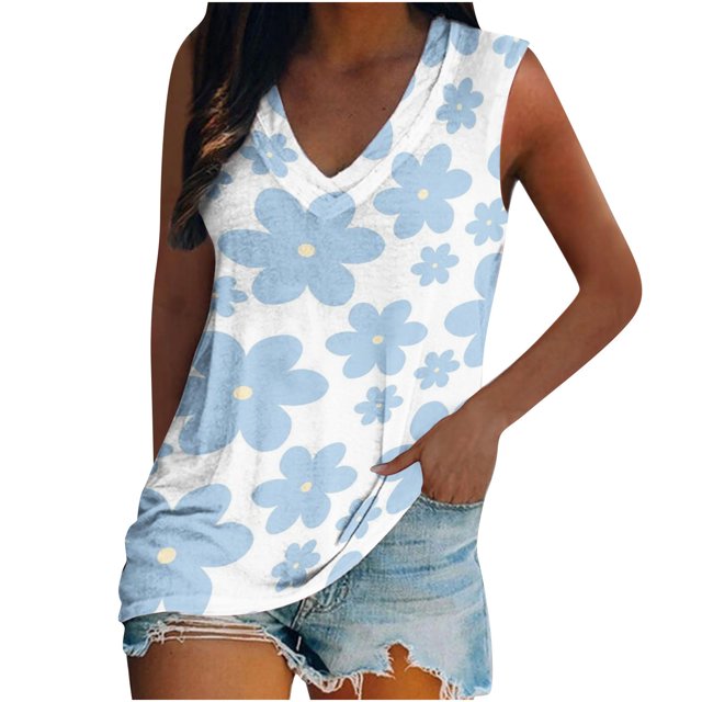 Camiseta holgada sin mangas con cuello redondo y estampado de flores informales de verano para mujer Pompotops lopia994500