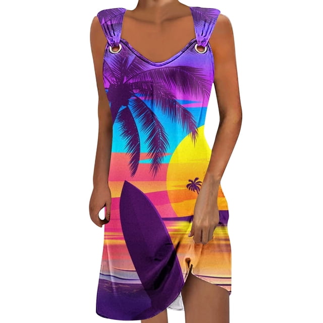 Pisexur Robes d'Été pour Femmes Décontractées Hawaïennes à Fleurs Robe de Plage Col Rond Sans Manches Mode Bohème Robe de Plage à Fleurs Robe d'Été Robe Trapèze P-2TG