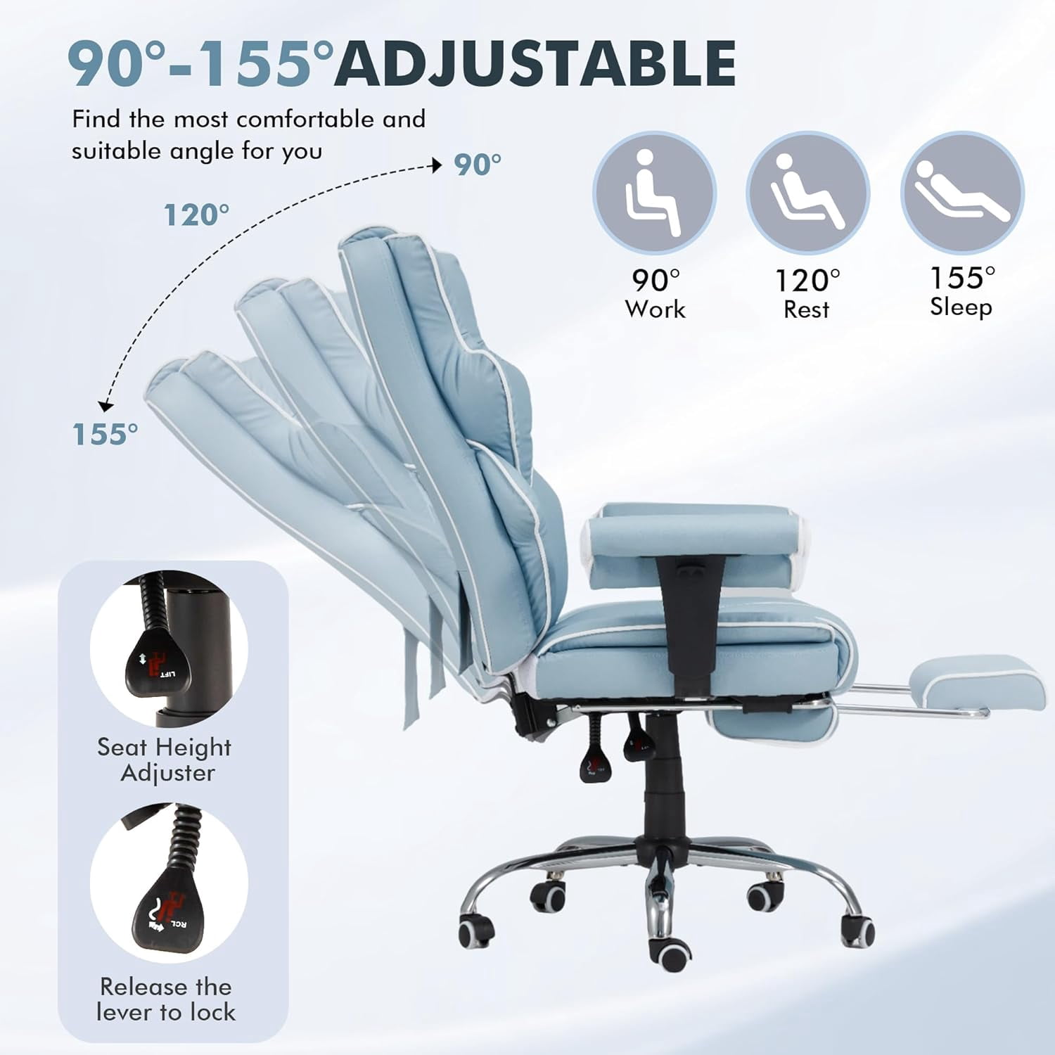 Homrest 6-Point Massage Executive Office Chair for Adults, Heated Ergonomic Home Desk Chair with Adjustable Footrest, Armrests & Backrest (Airy Blue)