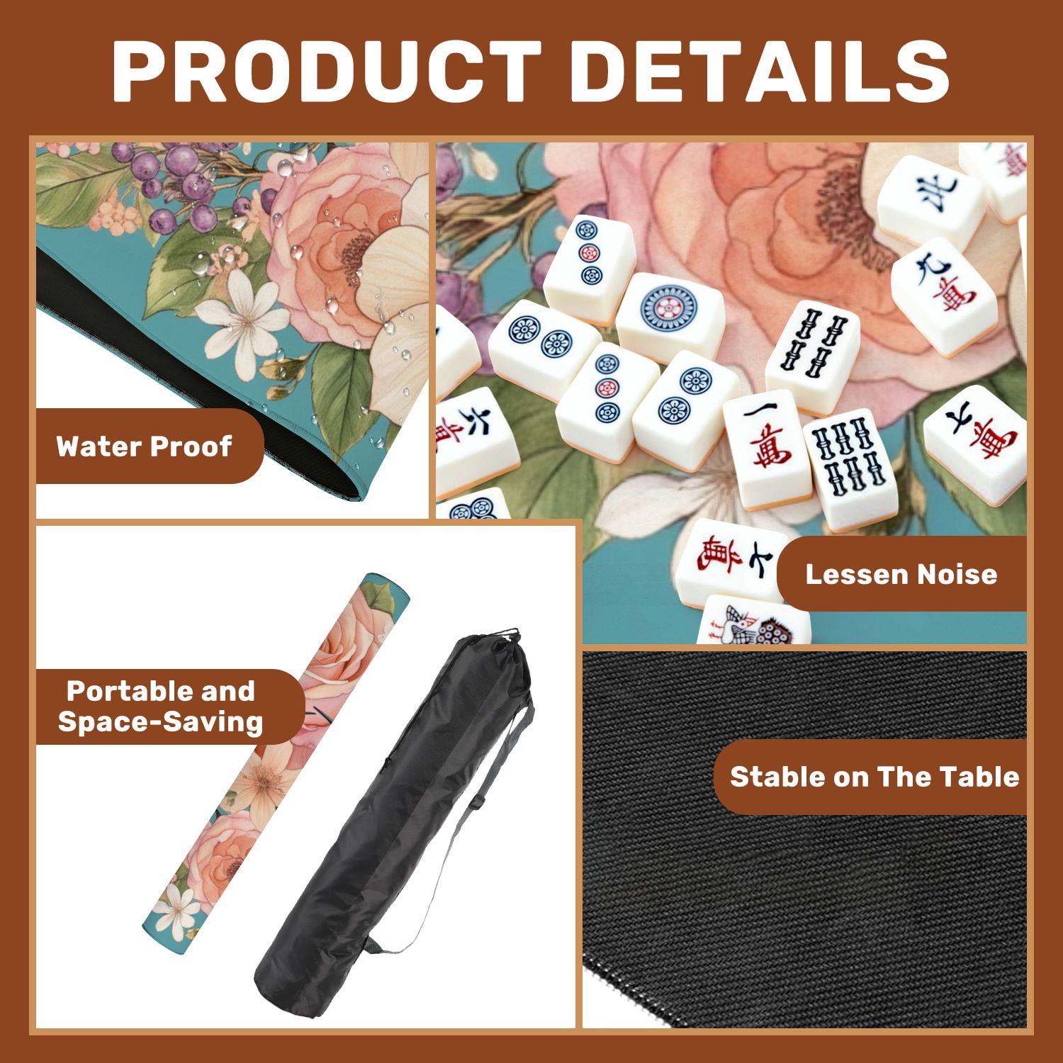 Mahjong Mat 31.5" x 31.5" Hummingbirds Among Pink White Roses Delicate Floral Arrangement Non-Slip Noise Reduction American Mahjong Tiles Table Cover for Dominoes Poker Card Board Games Gift