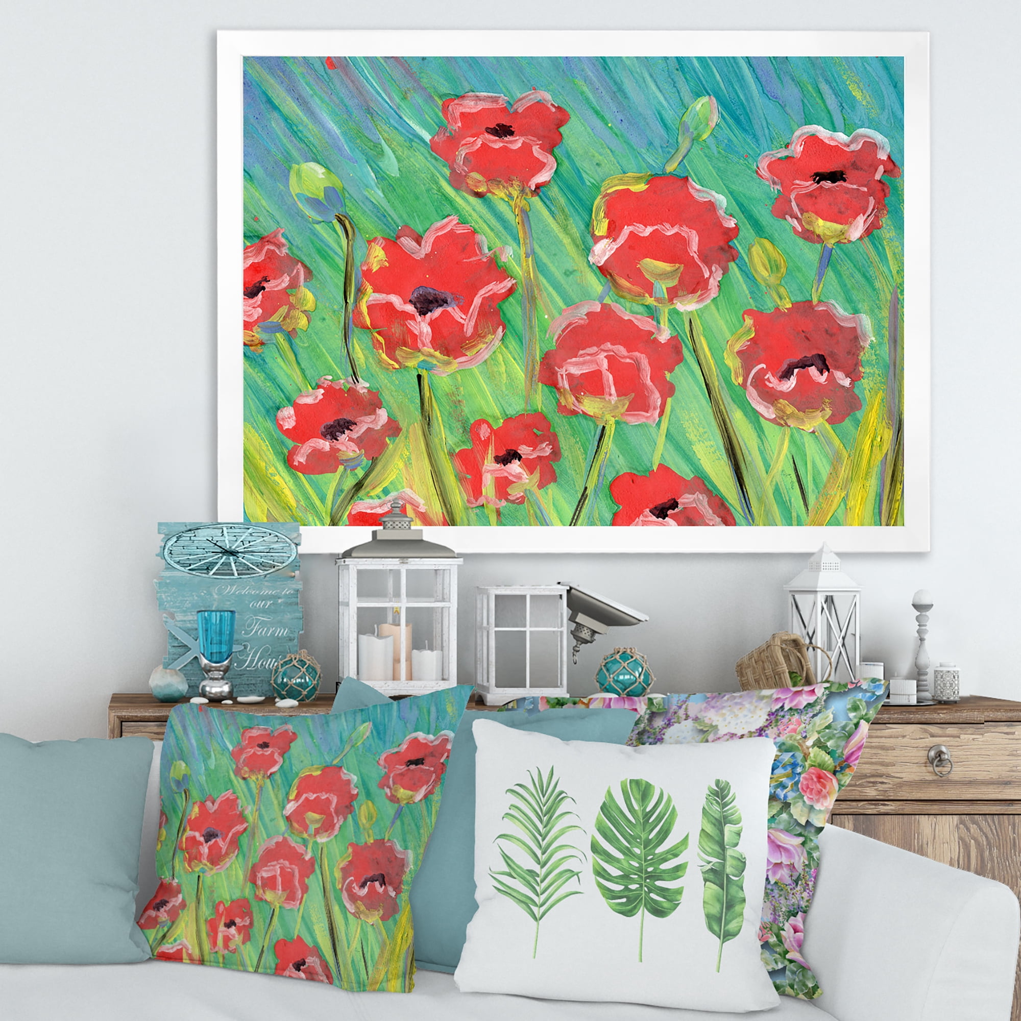 Designart 'Gouache Of Blooming Red Poppies' Traditional Framed Art Print