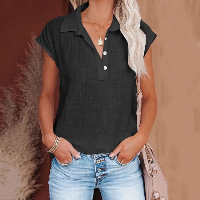 Jsaierl Chemises en Coton et Lin pour Femmes 2024 Couleur Unie Col à Revers Manches Courtes Blouses Classiques Amples Simples