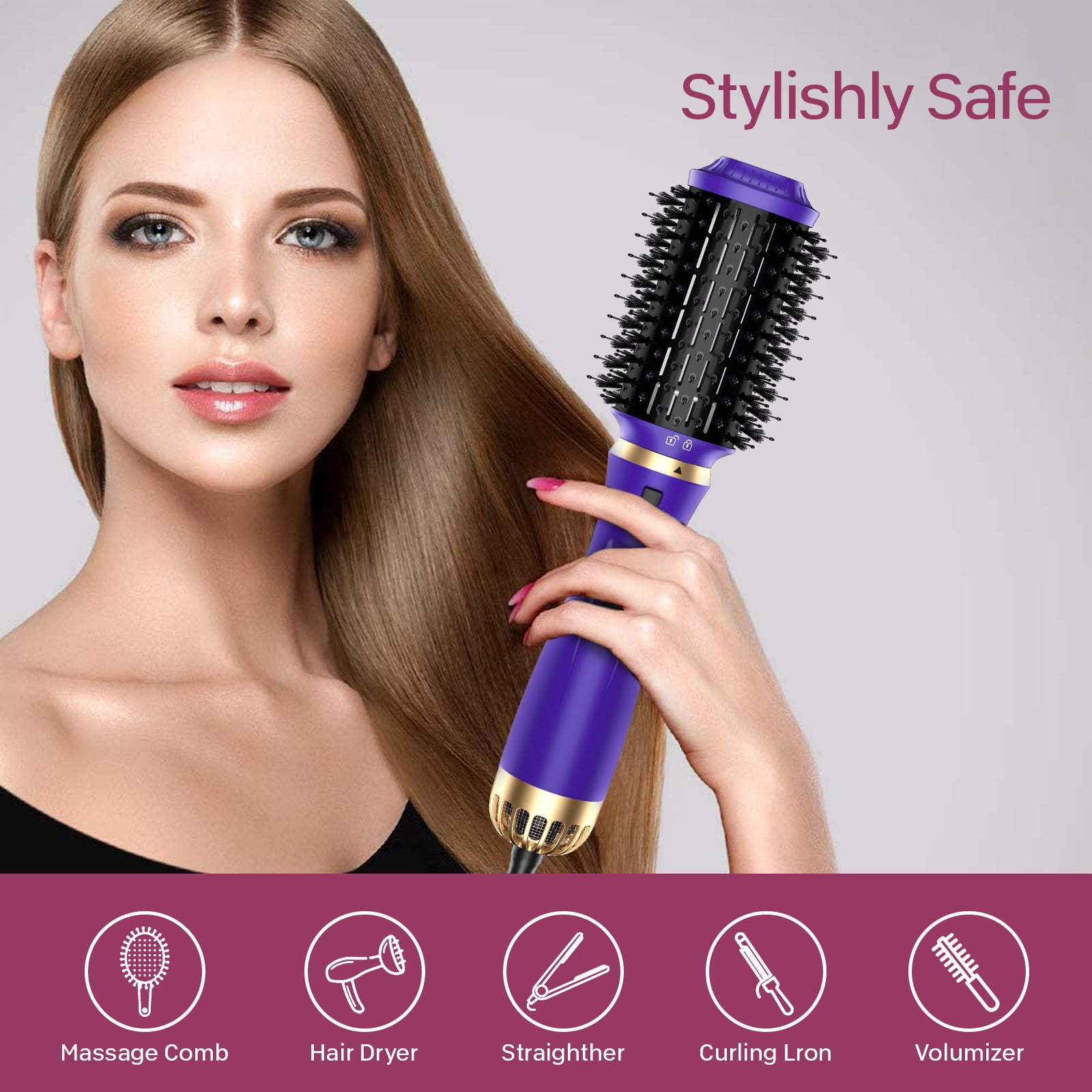 Ficcug 5 in 1 Hair Dryer Brush & Hot Air Brush,One Step Hot Air Brush Electric Blow Dryer Brush Negative Ion Hair Straightener Curler Easy Use Practical Hair Styling Tools,Purple