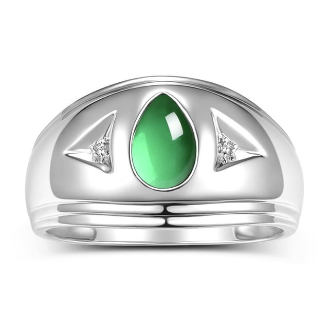RYLOS Men's Rings 14K White Gold Pear Shape Tear Drop Cabochon Gemstone & Diamond Rings; Cabochon Emerald Size 13