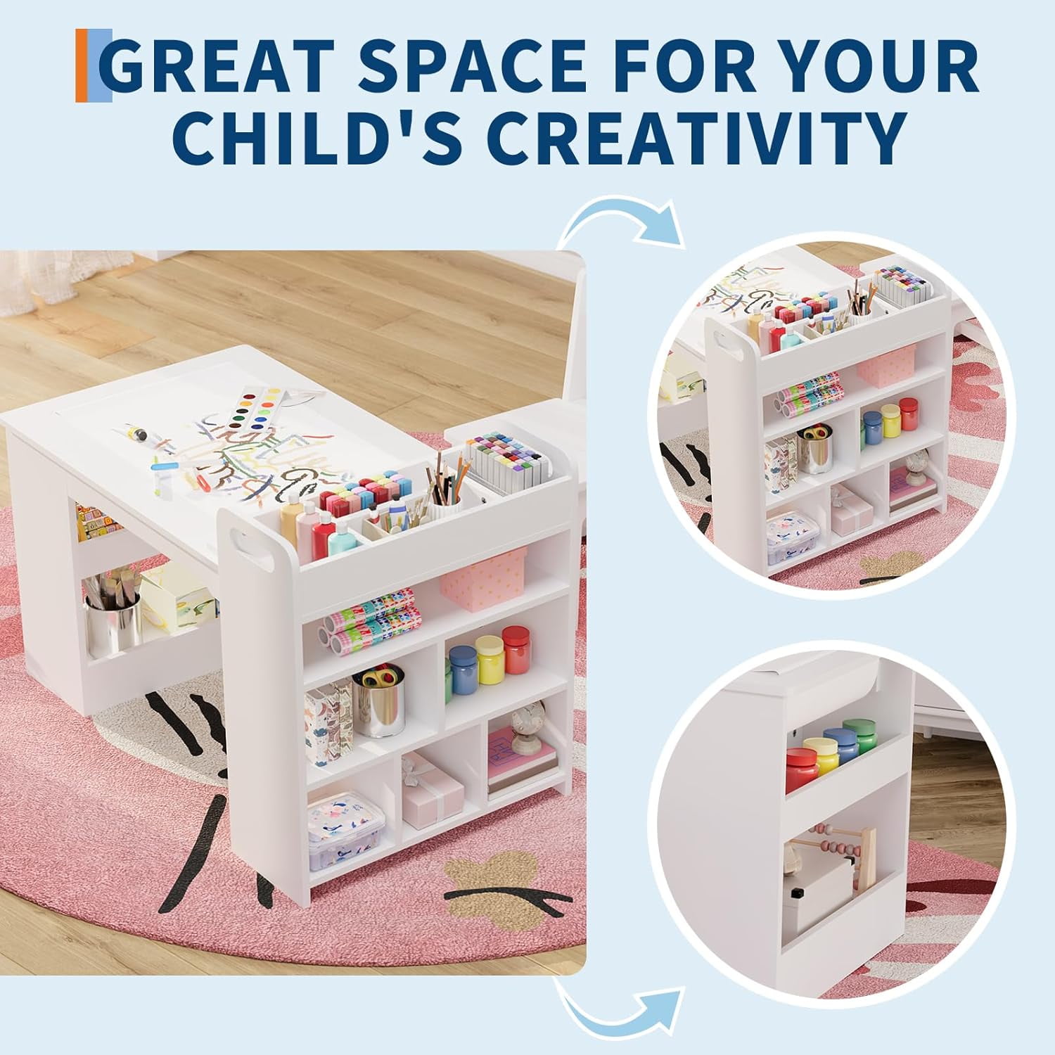 Shininglove Kids Art Table & 2 Chairs Set - 42" Wooden Activity Desk w/Storage Shelves & Paper Roll Dispenser for Toddlers Age 2-10, Daycare Craft Station
