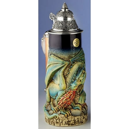 Green Medieval Fire Breathing Dragon with Axe Handle LE German Beer Stein .7L