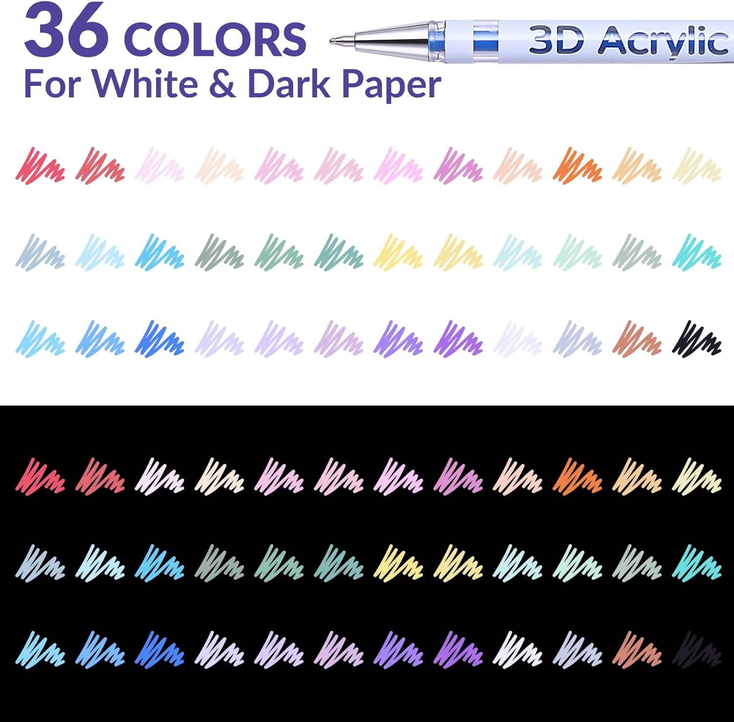 3D Acrylic Gel Pen,36 Colors Gel Pens With 1mm Bullet Tip Point, Acrylic Paint Pens for Black Paper,Rock Painting, Glass, Wood, Fabric,Cards,Scrapbook,DIY Art Crafts