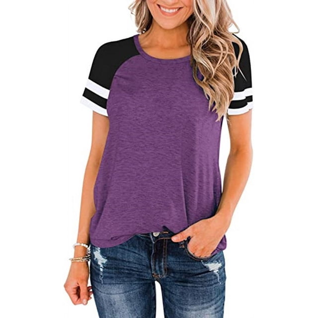 Nouveau T-Shirt Col Rond pour Femmes à Manches Courtes, Haut Décontracté à Blocs de Couleur