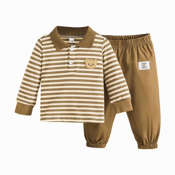 TAmten Baby Boy Clothes 6-9 Months Fall Winter Toddler Baby Boy Outfit Stripe Waffle Knit Long Sleeve Sweatshirt Pullover Tops and Pants Set(Khaki,18-24 Months)