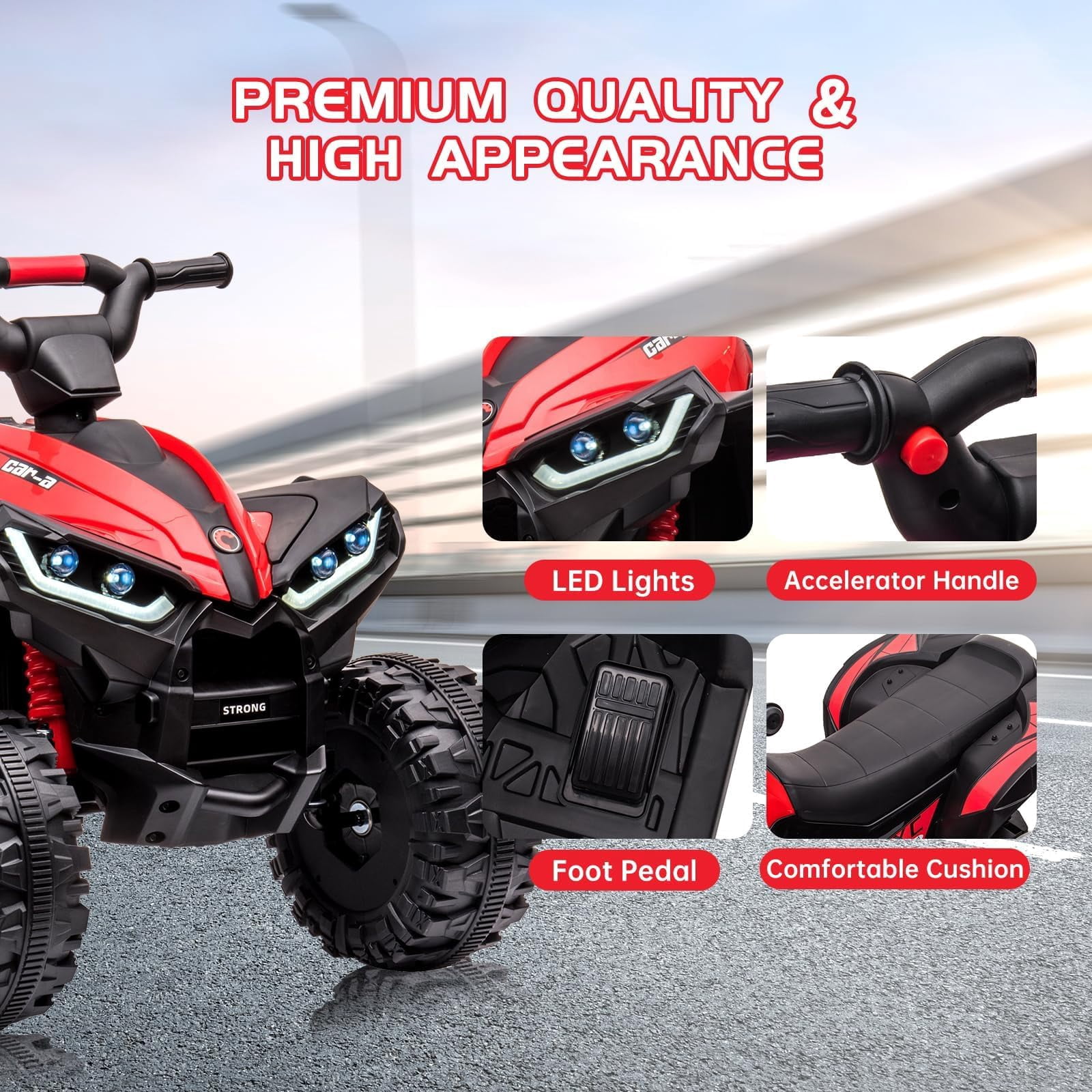 Riedhoff 12V Kids Ride-on Atv, Battery-Powered, LED Lights,High/Low Speed,USB,Treaded Tires,Red