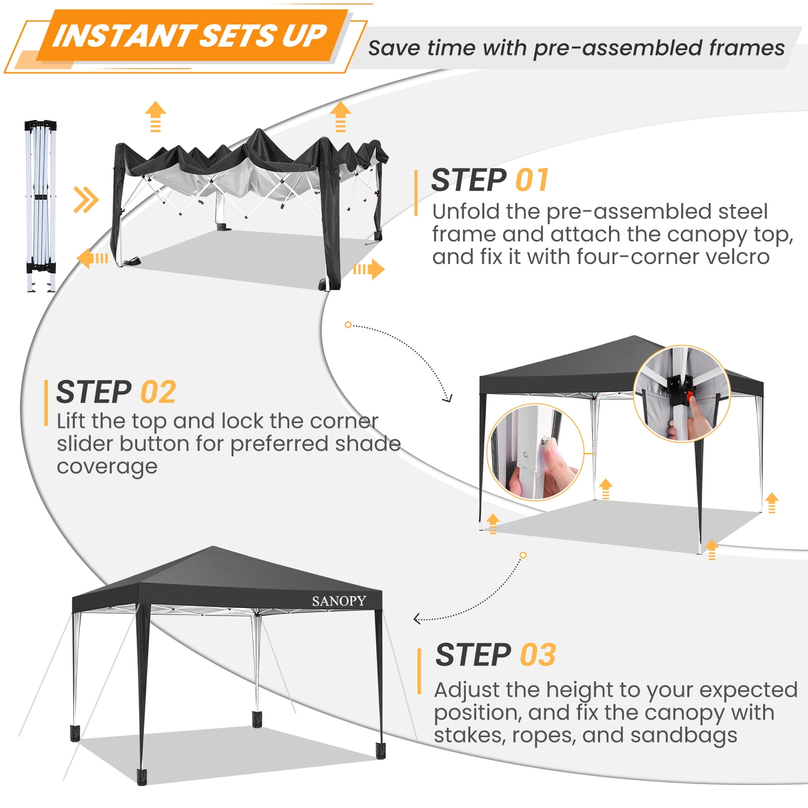 COBIZI 10'x10' EZ Pop Up Canopy Tent Outdoor Party Instant Shelter Portable Folding Beach Canopy with 4 Sandbag & Carrying Bag, Black