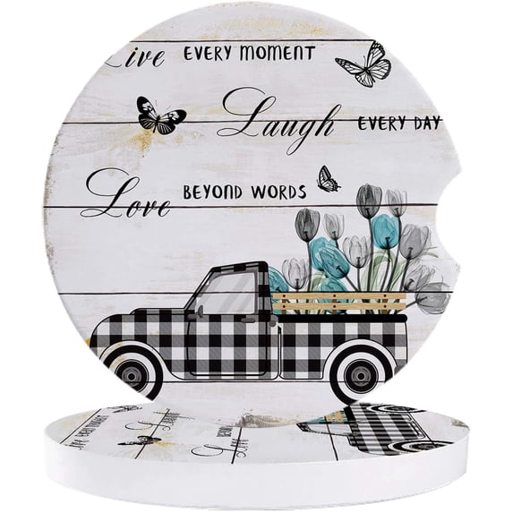 KXMDXA Black Plaid Truck with Farm Tulips Inspirational Quote Wood Grain Set of 6 Car Coaster for Drinks, Absorbent Ceramic Stone Coasters Cup Mat with Cork Base for Coffee Table Bar Decor