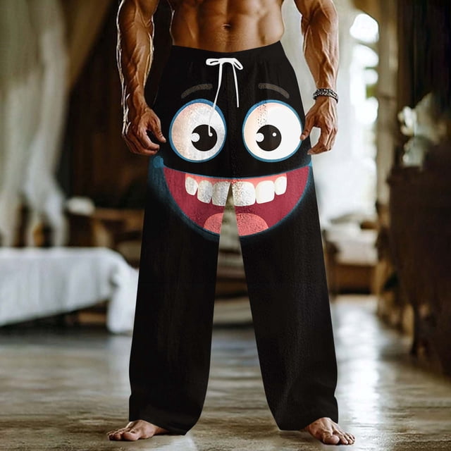 Ceisia Men's Fun Cartoon Big Smile Print Loose Casual Pants with Elastic Drawstring Waist Black XXXXXL Gifts