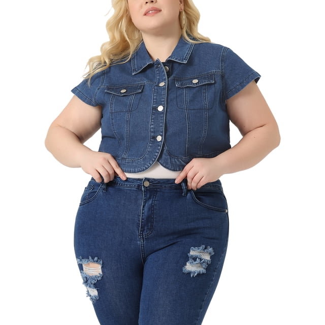 Chaleco de mezclilla de talla grande GRACE & GRANDEUR para mujeres, blusas de botones estilo Y2K, chaqueta de jean de manga corta, moda urbana, azul oscuro 1X