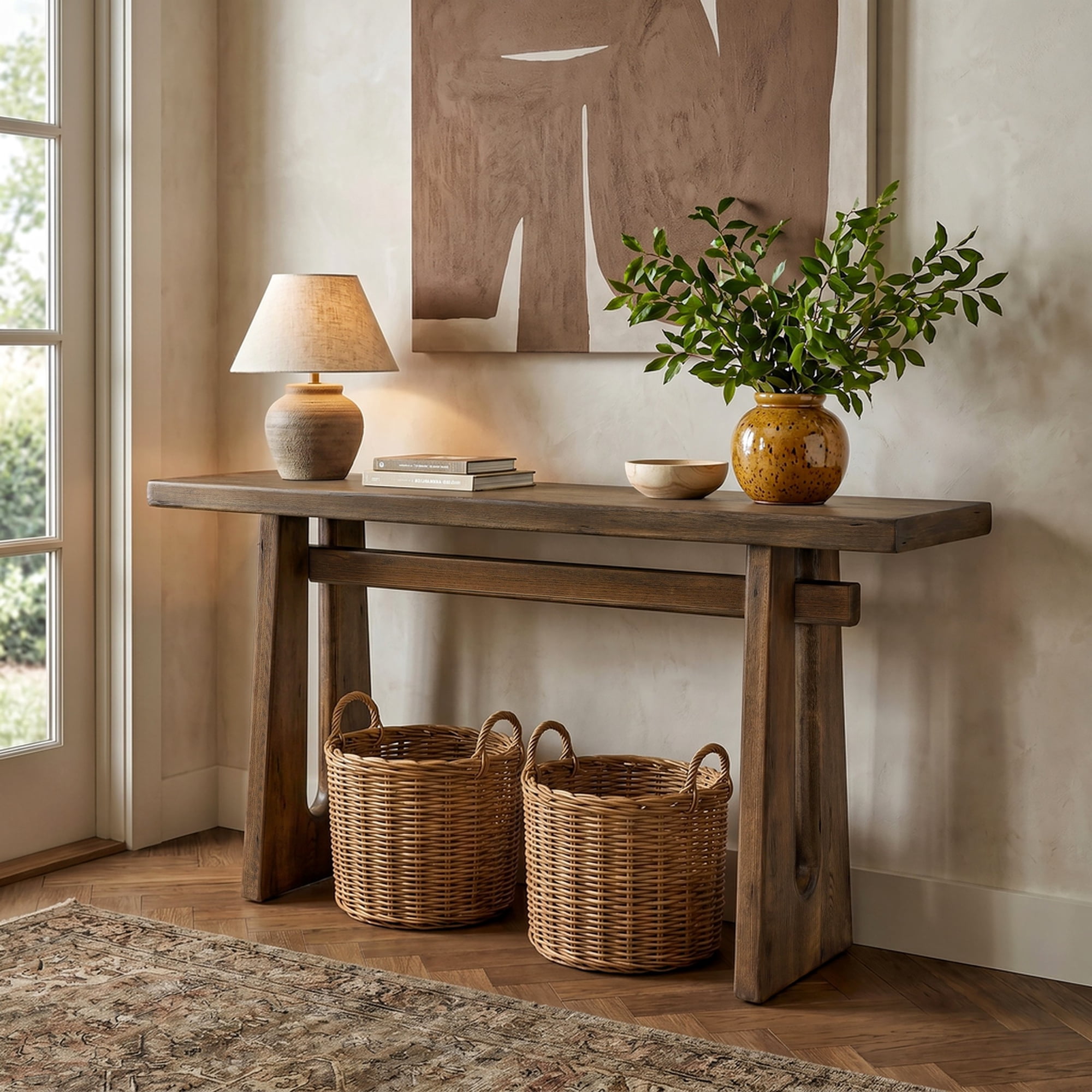 Christopher Knight Home 59.2 Elegant Console Table with Geometric Silhouette MDF Wood Frame Walnut Brown