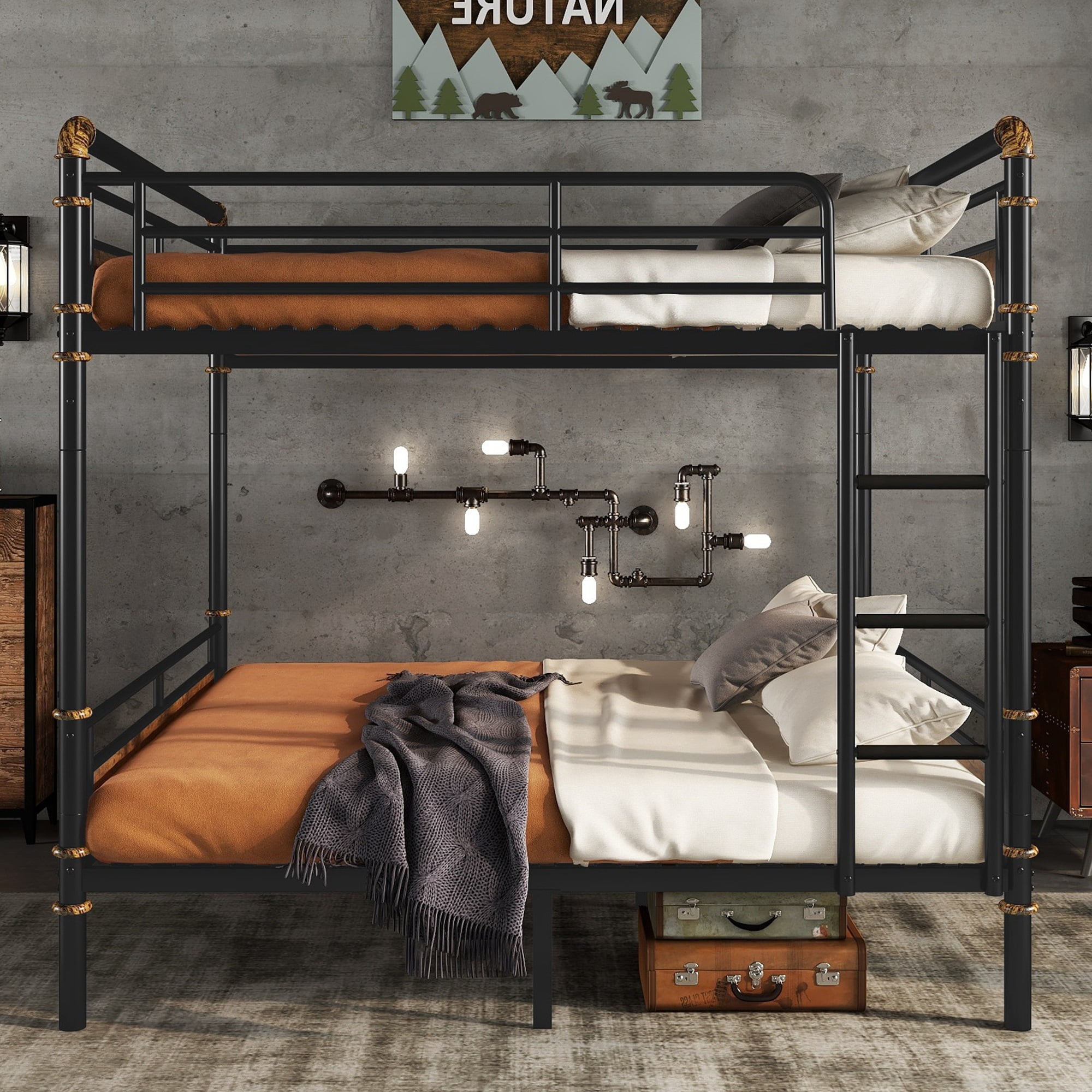 HOQBN Metal Bunk Bed Queen over Queen,Industrial Style Bunk Bed Frame with Safety Guardrails,Black