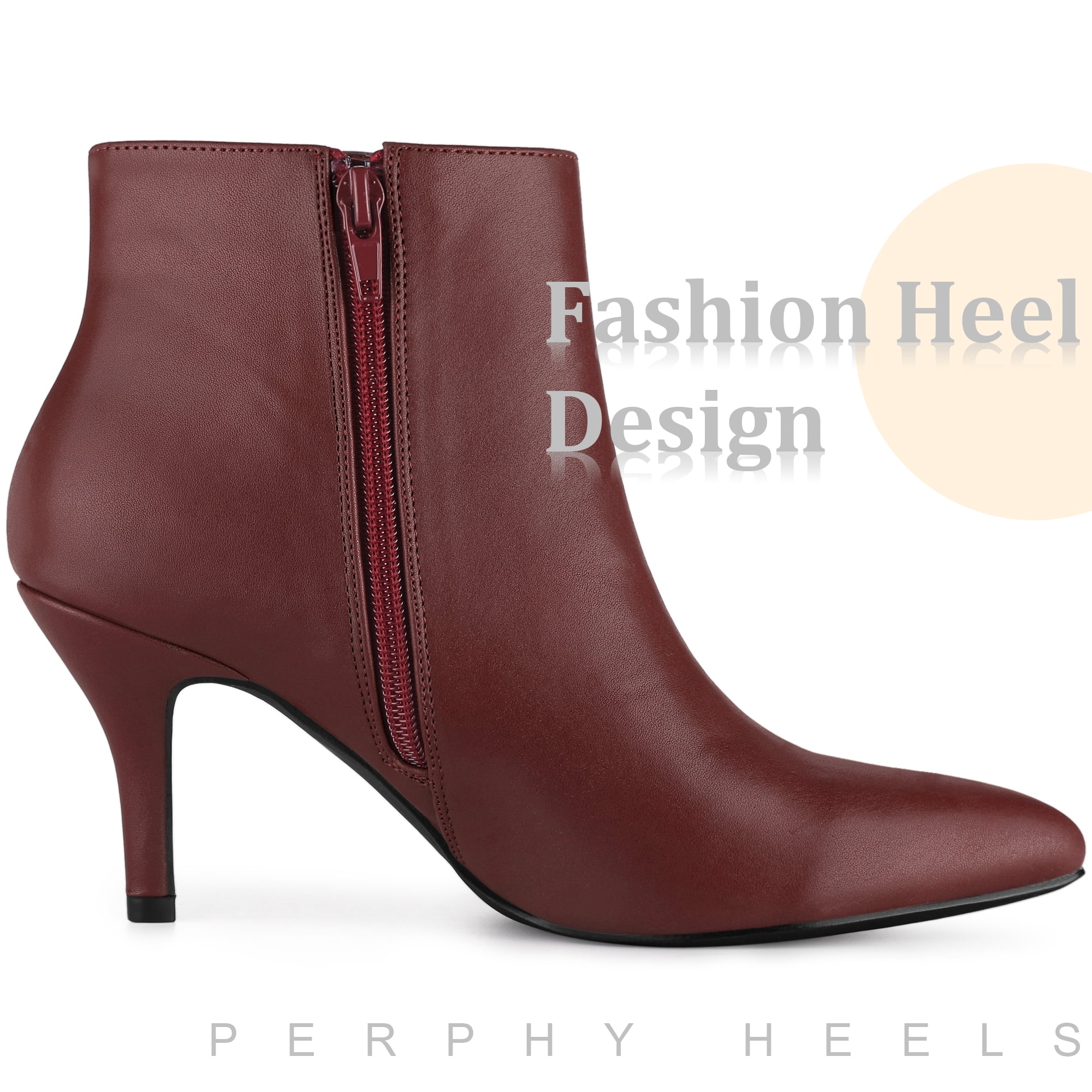 Unique Bargains Women's Side Zipper Pointed Toe Stiletto Heel Ankle Boots Burgundy 10