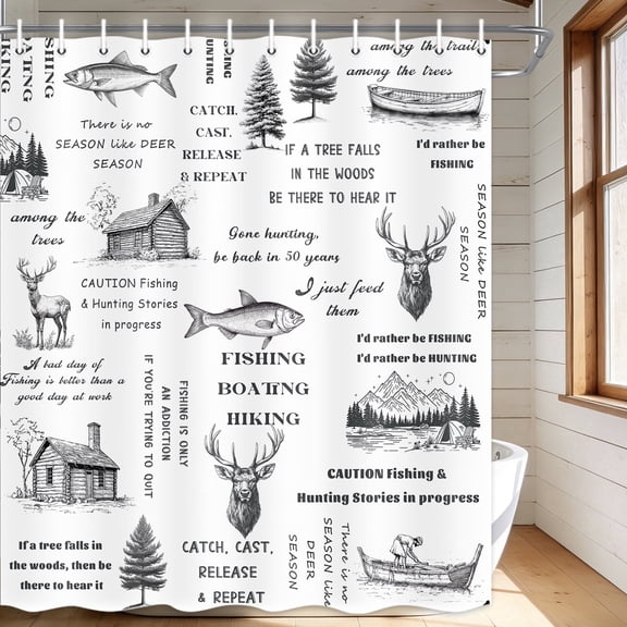 Black White Shower Curtain,Fishing Hunting Bathroom Decor,Wild Animals Bathtub Curtain with Hooks,69X70 in