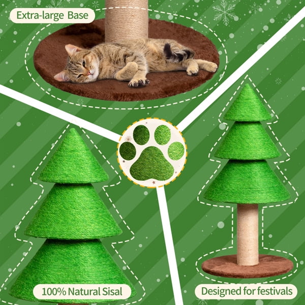 Christmas Tree Cat Scratcher Tower (31.5in), Grass Green Festive Design, Sisal Rope Scratching Post, Fleece Lounge Base for Indoor Cats