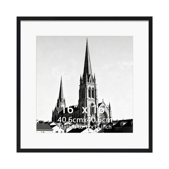 16x16 Picture Frame, Display 12x12 Picture with Mat or 16x16 Without Mat for Wall Hanging and Table, Single, Black