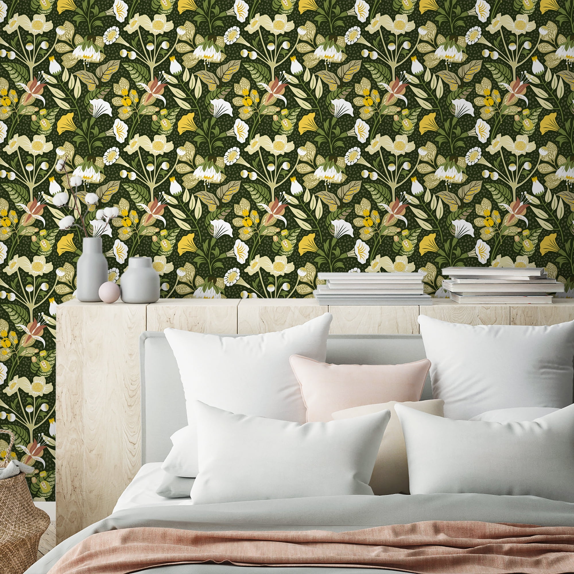 (4 pack) Abyssaly 17.7 "x 118" Peel and Stick Wallpaper Green Floral wallpaper Green Petunia vine plant contact paper Self-adhesive wallpaper Thickened detachable wallpaper Suitable for home decoration
