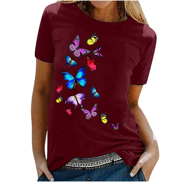 Camiseta de mujer, camisetas divertidas y bonitas de manga corta para otoño, camiseta con estampado de mariposa, regalo, blusa, regalo para mujer Pompotops hfajkhk125437