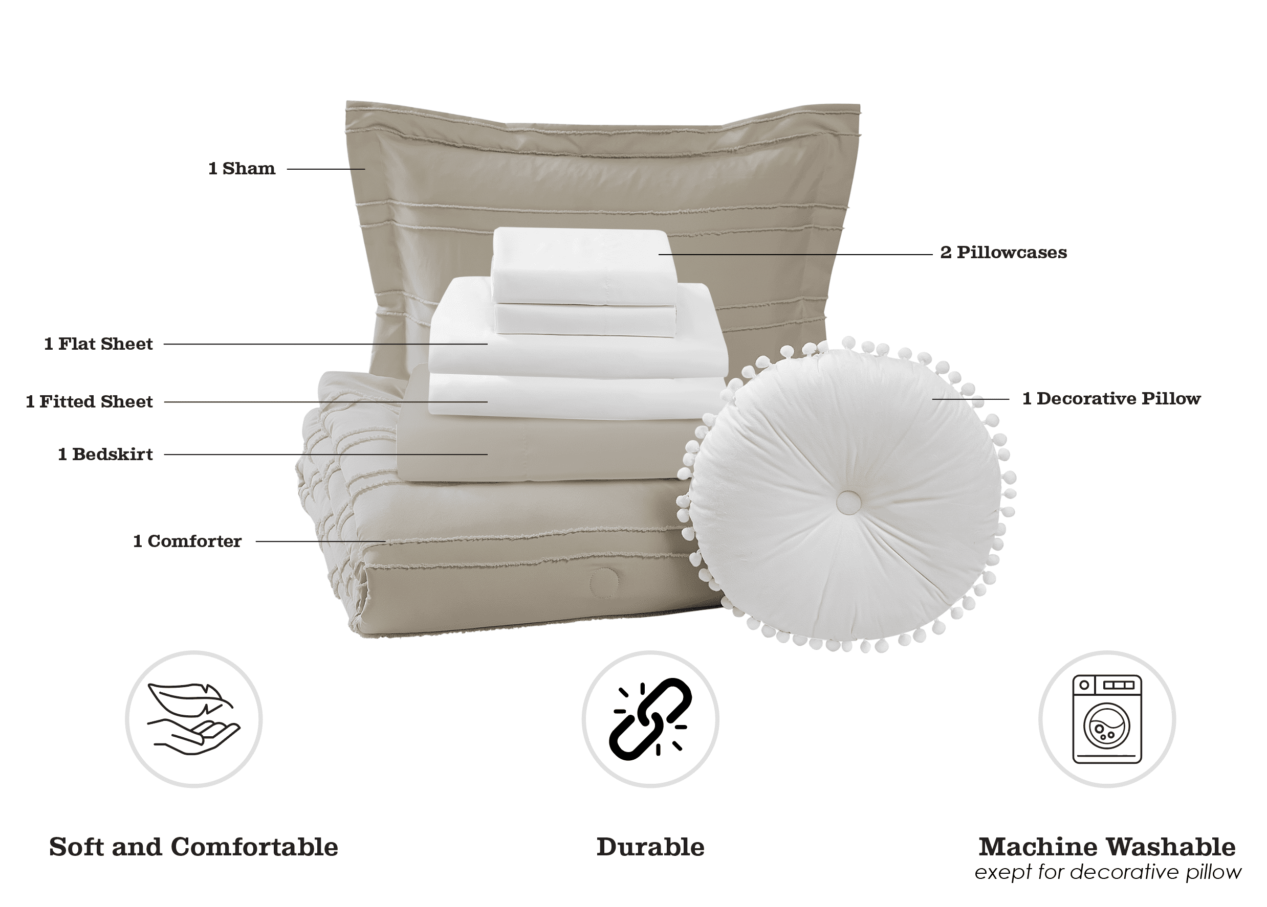 Mainstays 8-Piece Bed in a Bag Comforter Set with Sheets, Tan Stripe, Twin/Twin XL, Unisex