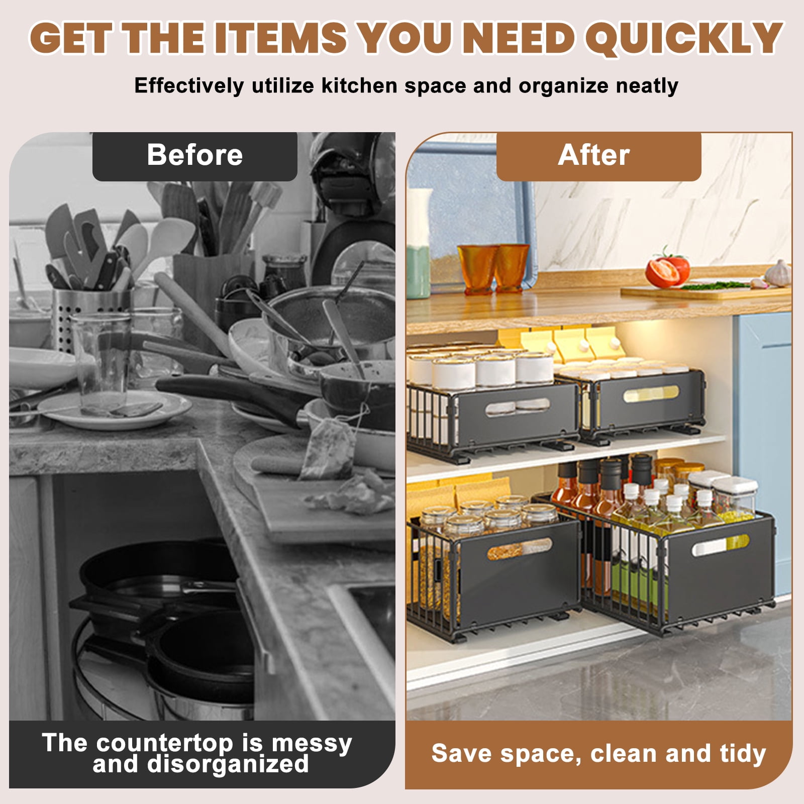 2 Pack Pull Out Cabinet Organizer,Under Sink Organizer,Slide Out Drawers for Cabinets, Peel and Stick, Heavy Duty Shelves for Kitchen, Cupboard, Pantry, Bathroom (14.76" D*9.65" W*7.48" H-Black)