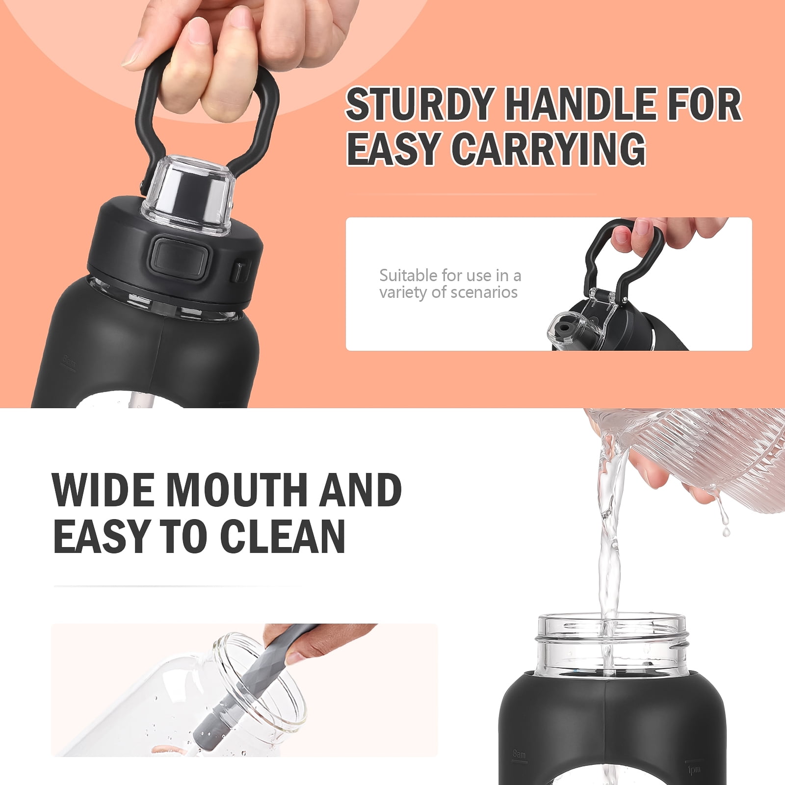 MUKOKO Water Bottle, 24oz Glass Drinking Bottle with Straw, Motivational Water Bottle with Leak Proof Locking Lid , Travel Sports Water Jug with Water Marker, Black