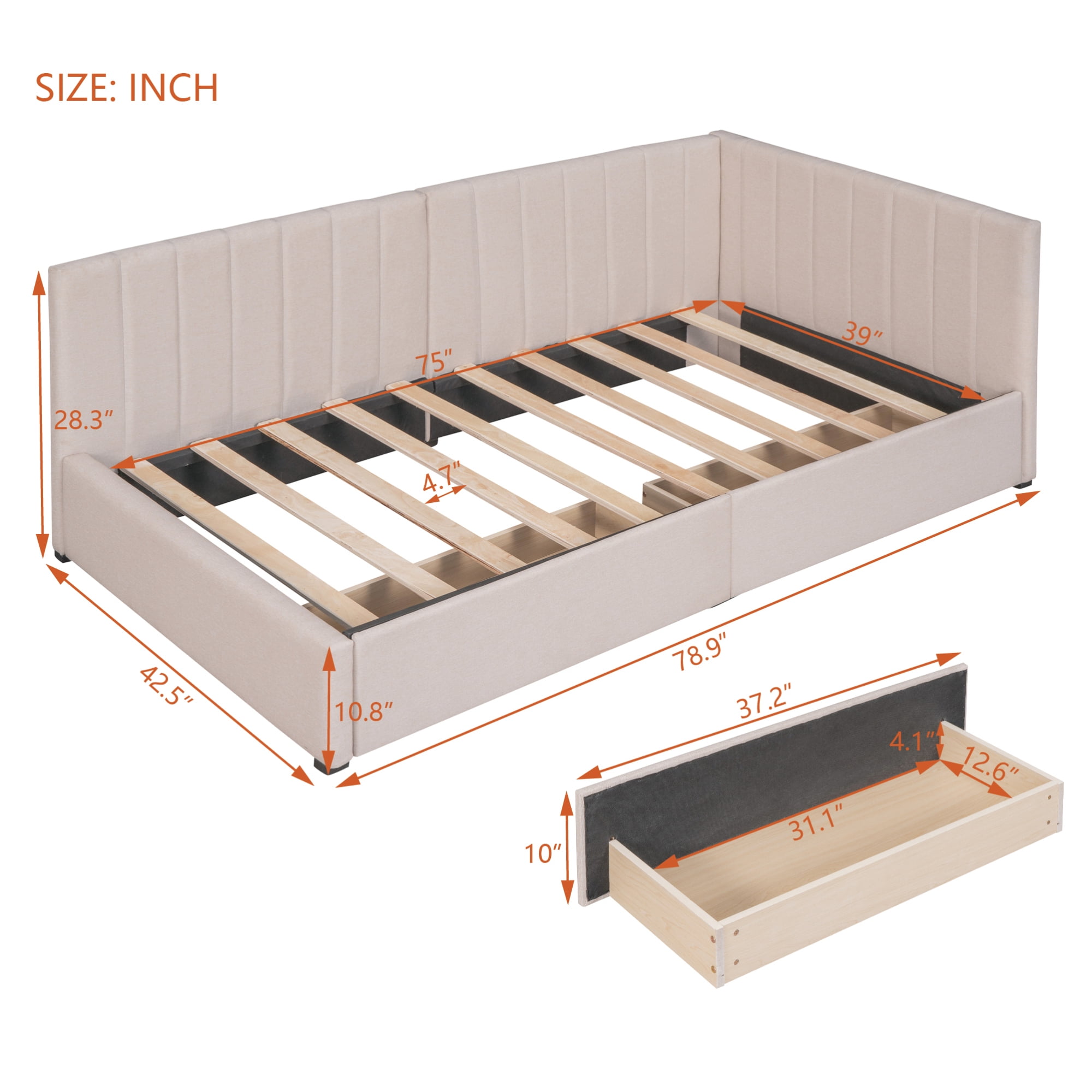 Clipeyh Classic Wood+Linen Upholstered Twin Size Daybed with 2 Storage Drawers Beige